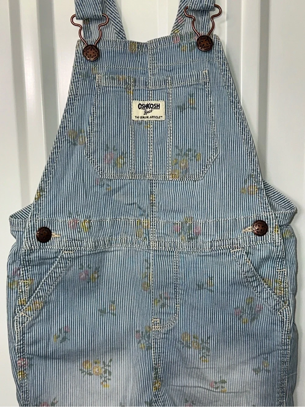 OshKosh B’Gosh Girls Floral Hickory Stripe Overalls Cottagecore Farmgirl Style